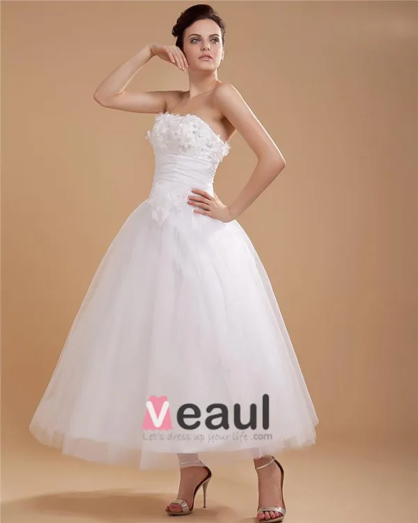 Elegant Mermaid Organza Applique Strapless Ankle Length Wedding Dress