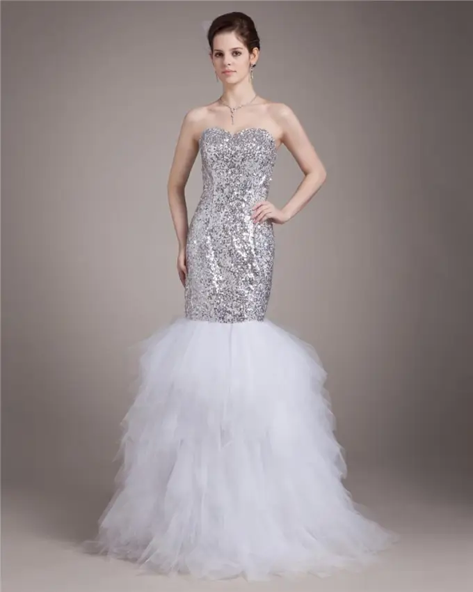 Kjaereste Gulv Lengde Paillette Satin Kvinner Havfrue Brudekjoler Bryllupskjoler