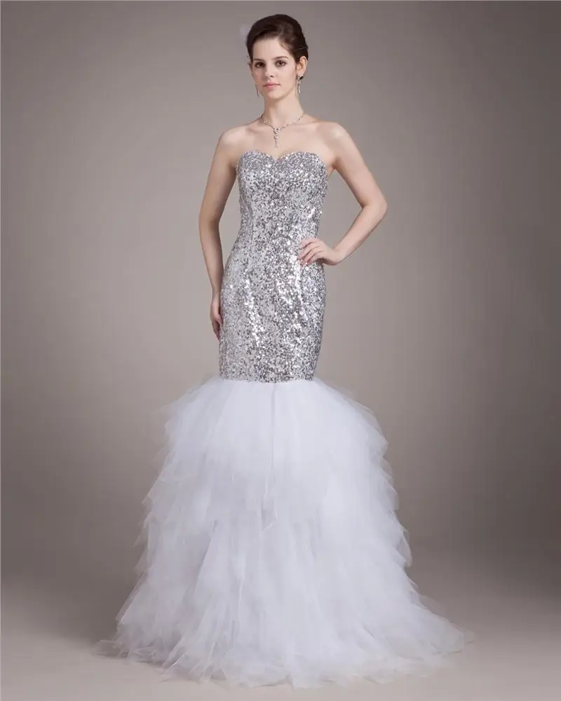 Kjaereste Gulv Lengde Paillette Satin Kvinner Havfrue Brudekjoler Bryllupskjoler