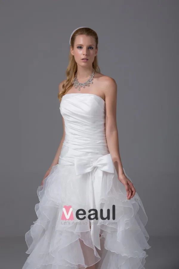 High Low Strapless Bowknot Asymmetrical Organza Satin Woman Mini Wedding Dress