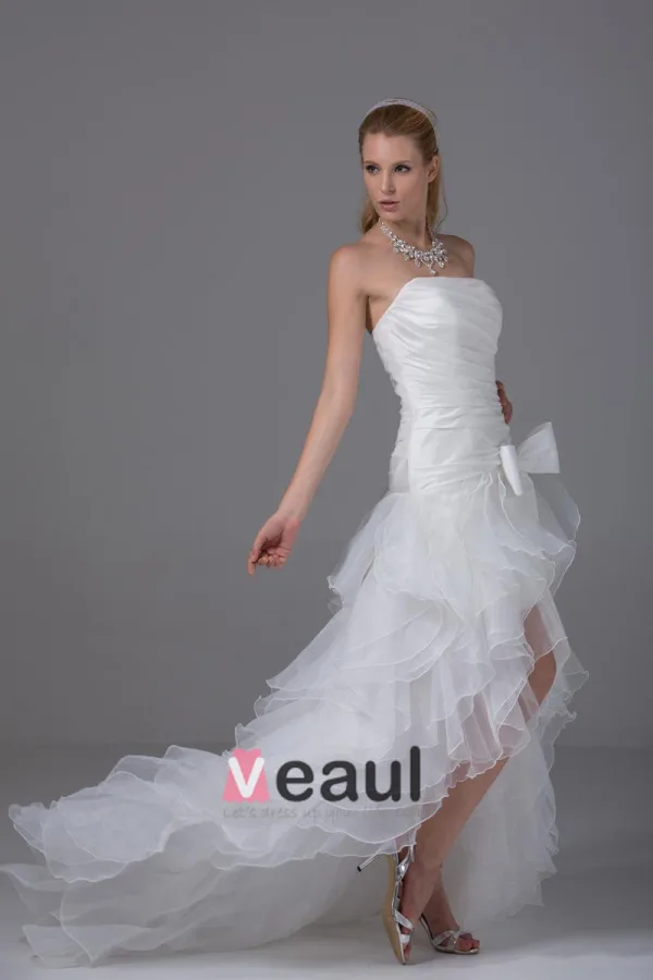 High Low Strapless Bowknot Asymmetrical Organza Satin Woman Mini Wedding Dress
