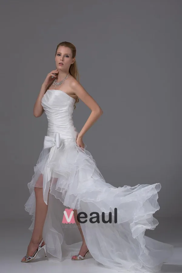 High Low Strapless Bowknot Asymmetrical Organza Satin Woman Mini Wedding Dress