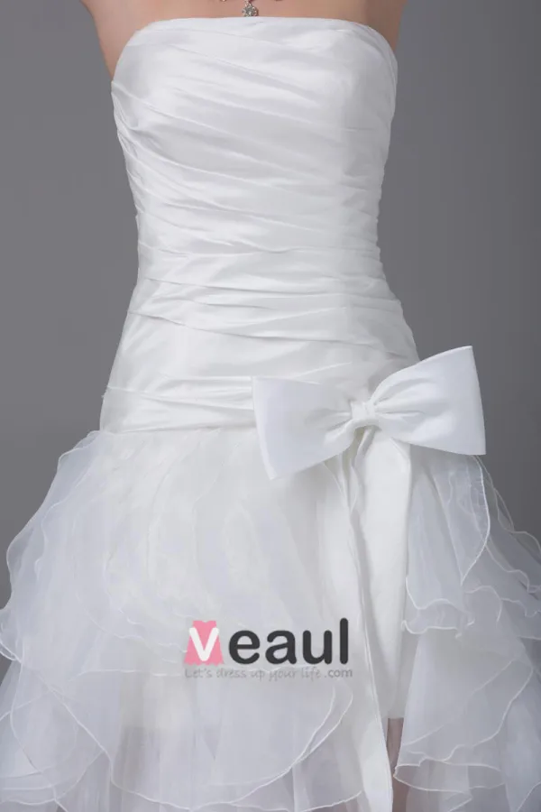 High Low Strapless Bowknot Asymmetrical Organza Satin Woman Mini Wedding Dress