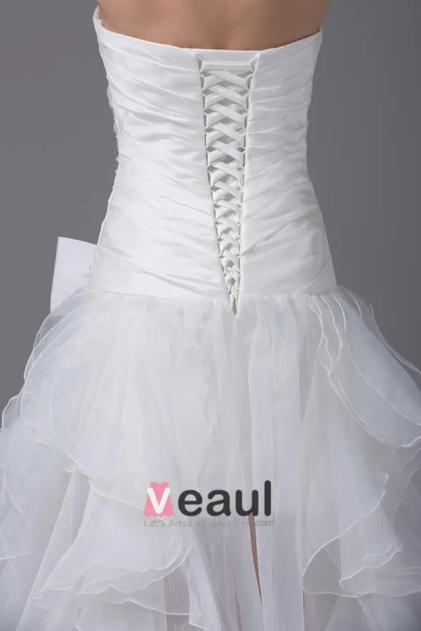 High Low Strapless Bowknot Asymmetrical Organza Satin Woman Mini Wedding Dress