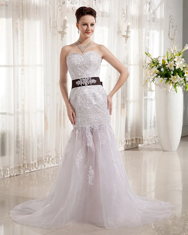 Beading Tyll Satin Ruffles Kjaereste Katedralen Tog Skjede Brudekjoler Bryllupskjoler