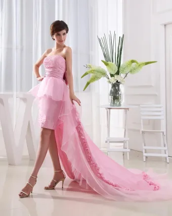 Strapless Flower Bowknot Beading Dip Lace Hem Floor Length Lace Up Sleeveless Organza Taffeta Woman Prom Cocktail Dresses