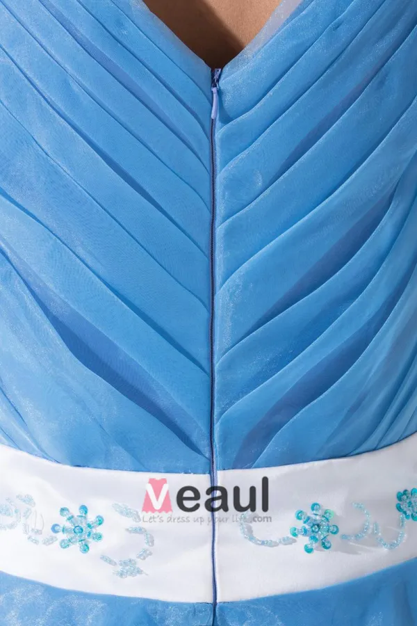 Stylish Organza Satin Silk V Collar Ruffle Back Zipper Beading Belt Knee Length Sleeveless Tiered Cocktail Dress