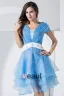 Stylish Organza Satin Silk V Collar Ruffle Back Zipper Beading Belt Knee Length Sleeveless Tiered Cocktail Dress