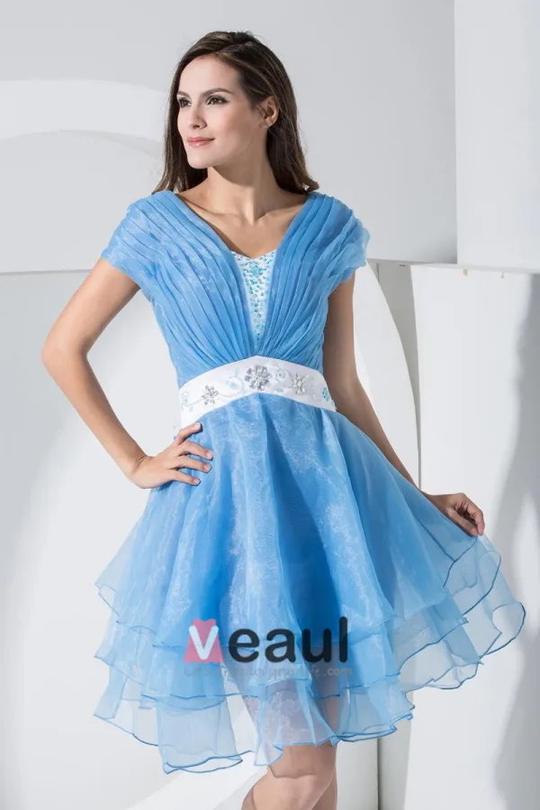 Stylish Organza Satin Silk V Collar Ruffle Back Zipper Beading Belt Knee Length Sleeveless Tiered Cocktail Dress