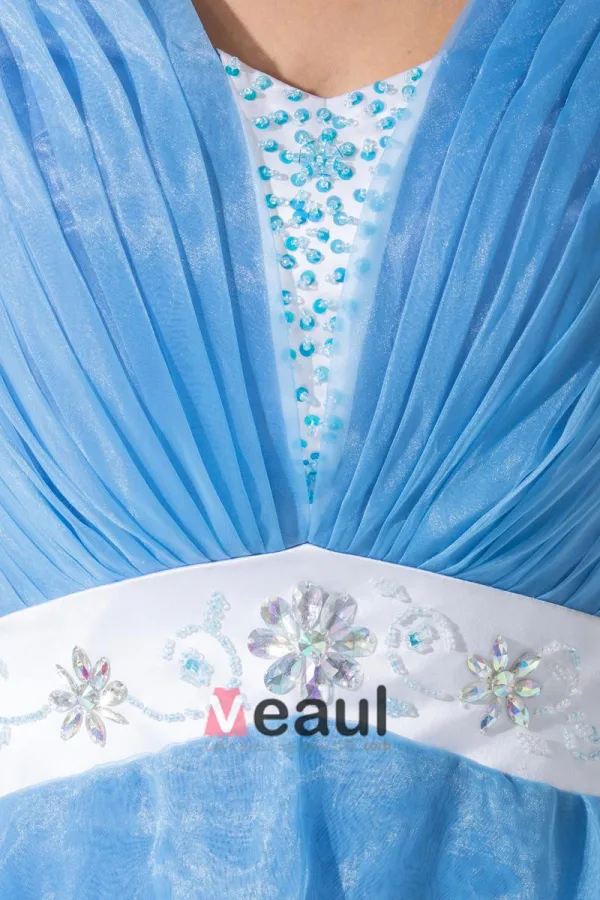 Stylish Organza Satin Silk V Collar Ruffle Back Zipper Beading Belt Knee Length Sleeveless Tiered Cocktail Dress