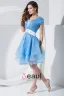 Stylish Organza Satin Silk V Collar Ruffle Back Zipper Beading Belt Knee Length Sleeveless Tiered Cocktail Dress