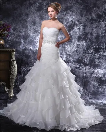 Perlant Longueur De Plancher D Organza Robe De Mariée Sirène Plisse
