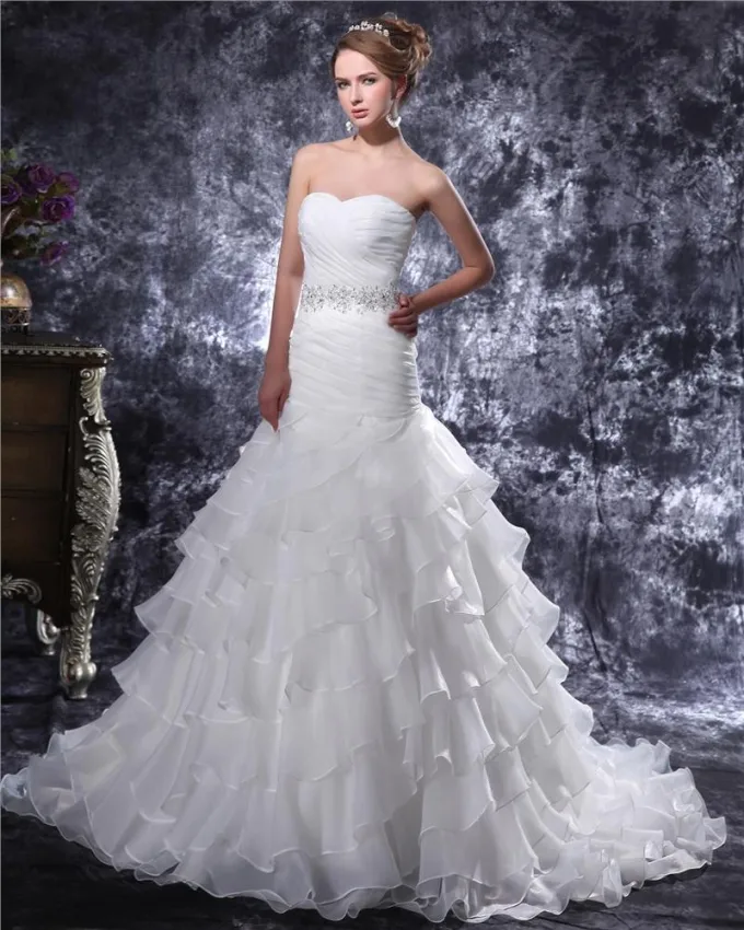 Kjaereste Beading Plissert Gulv Lengde Organza Havfrue Brudekjoler Bryllupskjoler