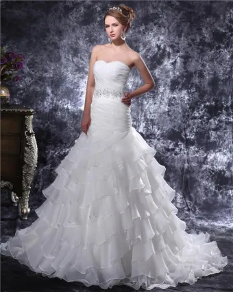Kjaereste Beading Plissert Gulv Lengde Organza Havfrue Brudekjoler Bryllupskjoler