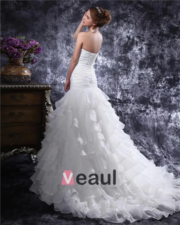 Sweetheart Beading Pleated Floor Length Organza Mermaid Wedding Dress