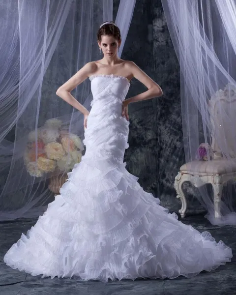 Satin Yarn Tiered Ruched Ruffles Strapless Cathedral Train Mermaid Wedding Dresses