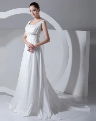 Square Neck Pleated Beading Floor Length Taffeta Empire Wedding Dress