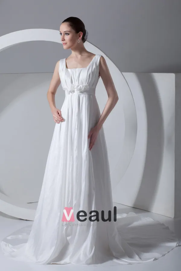 Square Neck Pleated Beading Floor Length Taffeta Empire Wedding Dress