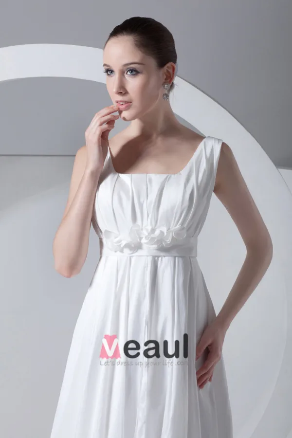 Square Neck Pleated Beading Floor Length Taffeta Empire Wedding Dress