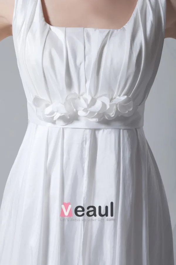 Square Neck Pleated Beading Floor Length Taffeta Empire Wedding Dress