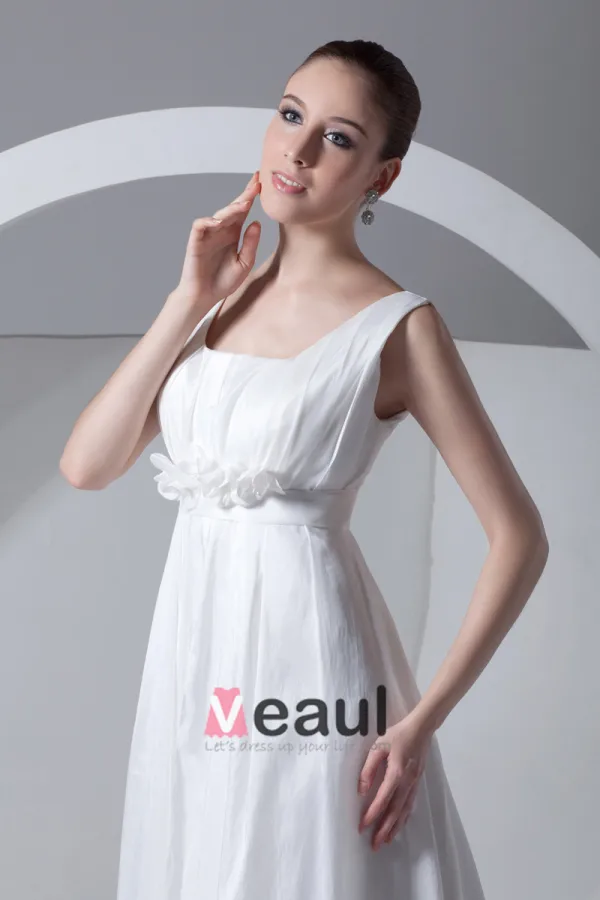Square Neck Pleated Beading Floor Length Taffeta Empire Wedding Dress