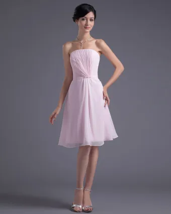 Formele Stijl Strapless Knielange Kralen Geplooid Chiffon Bruidsmeisjes Jurken