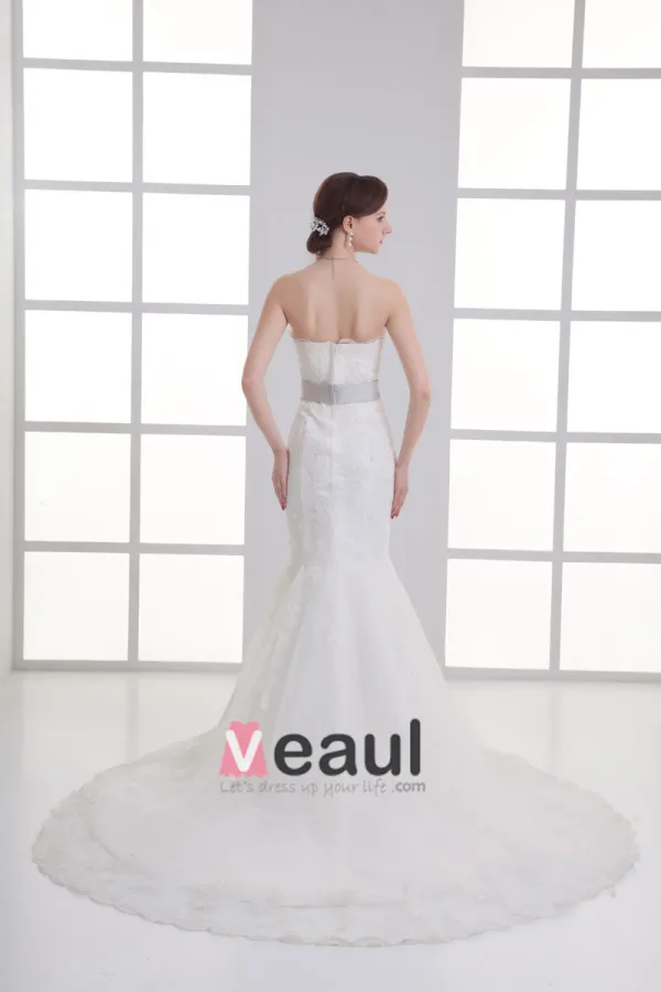 Tulle Applique Beading Strapless Court Train Mermaid Wedding Dress