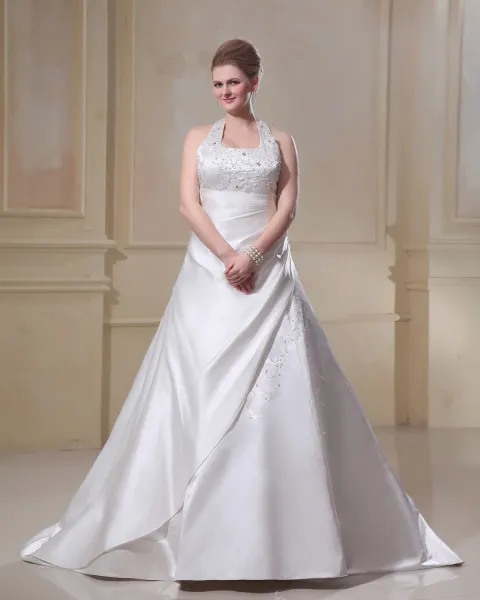 Satin Embroidery Scoop Court Plus Size Bridal Gown Wedding Dress