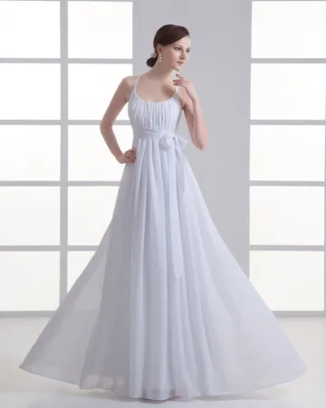 Chiffon Ruches Strik Scoop Vloer Lengte Geplooide Rijk Bruidsjurken Trouwjurken