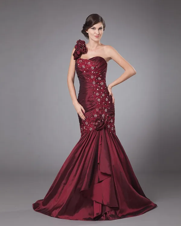 Taffeta Frynse En Skulder Havfrue Gulv Lengde Modre Av Bruden Gjester Kjoler