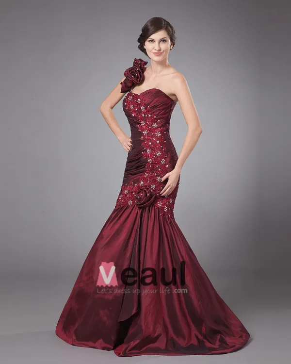 Taffeta Ruffle Beading One Shoulder Mermaid Floor Length Mothers of Bride Guests Dresses
