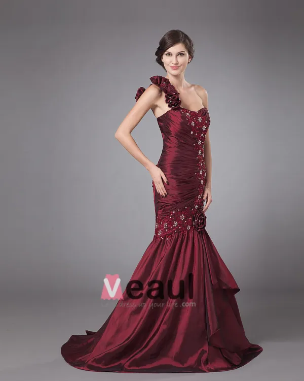 Taffeta Ruffle Beading One Shoulder Mermaid Floor Length Mothers of Bride Guests Dresses
