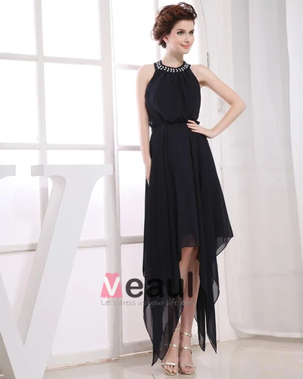 Chiffon Beading Halter Sleeveless Backless Zipper Asymmetrical Pleated Prom Cocktail Dress