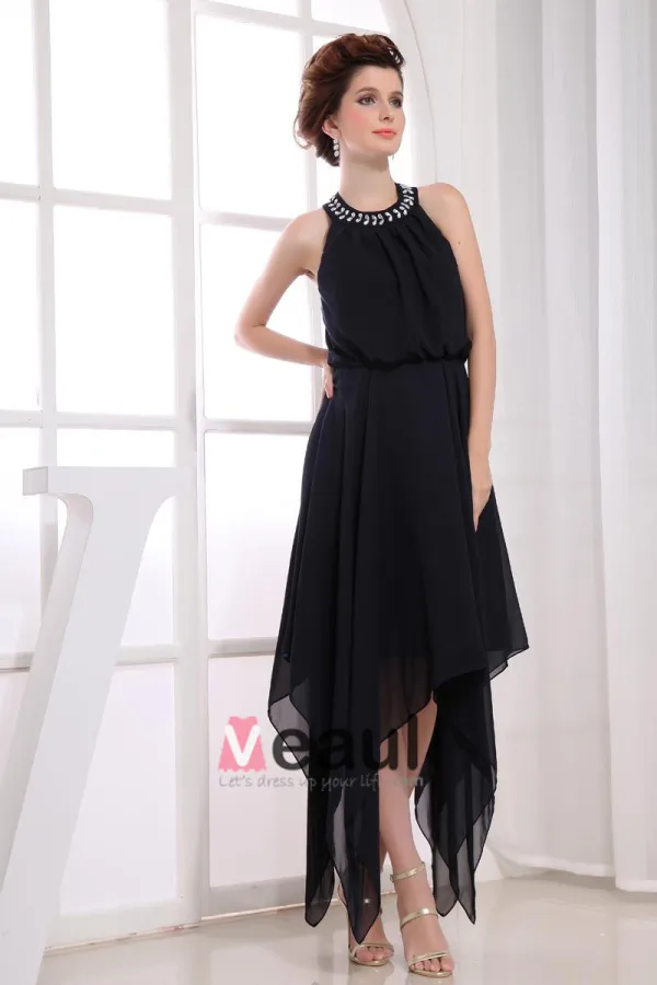 Chiffon Beading Halter Sleeveless Backless Zipper Asymmetrical Pleated Prom Cocktail Dress