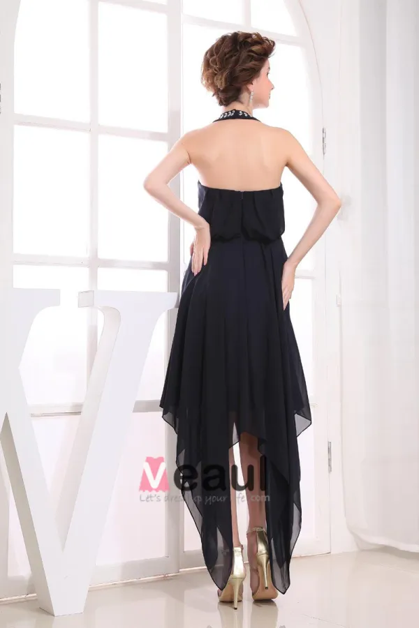 Chiffon Beading Halter Sleeveless Backless Zipper Asymmetrical Pleated Prom Cocktail Dress
