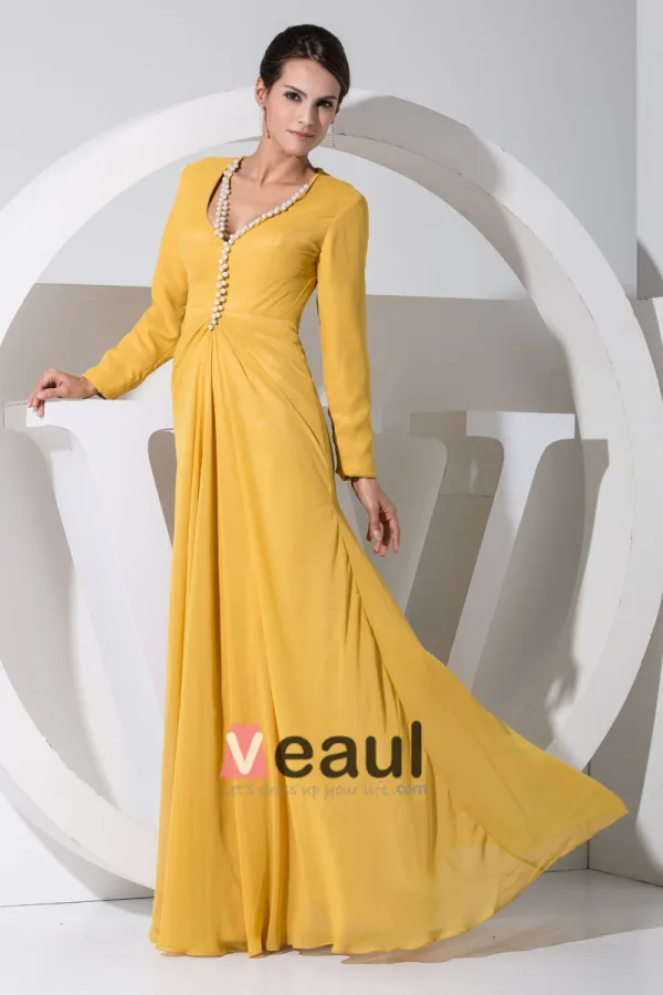 Chiffon Silk Beading V Neck Long Sleeve Mother of the Bride Dress