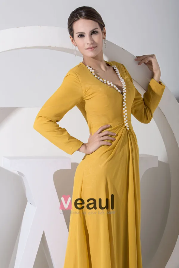 Chiffon Silk Beading V Neck Long Sleeve Mother of the Bride Dress