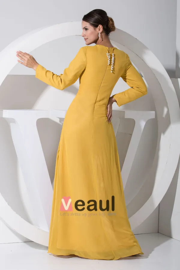 Chiffon Silk Beading V Neck Long Sleeve Mother of the Bride Dress