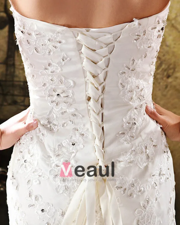Satin Tulle Beading Flower Rhinestone Strapless Court Train Mermaid Wedding Dress