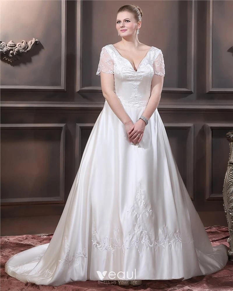 Plus Size Satin Wedding Dress With Lace Sleeves, A Line Satin Wedding  Dress, Classic Wedding Dress With Long Sleeves, ALL SIZES -  Israel