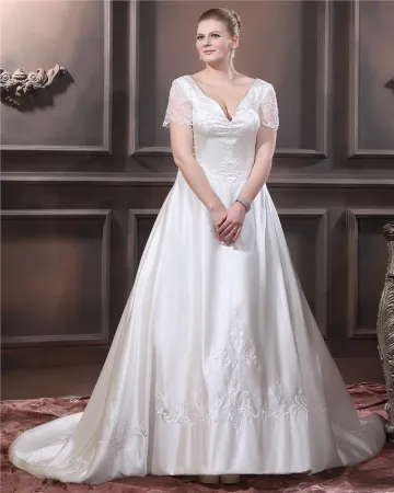 Vestido De Novia De Gran Tamaño Barrido De Manga Corta Bordados De Raso Cariño