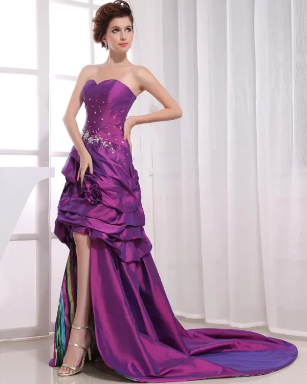 Asymmetrical Length Sleeveless Sweetheart Neckline Beading Pleated Taffeta Woman High Low Prom Dress
