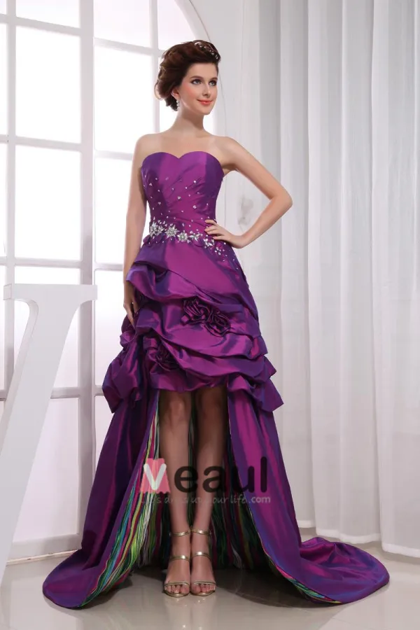 Asymmetrisk Lengde Ermelos Kjaereste Halsen Beading Plissert Taffeta Kvinne Hoy Lav Ballkjoler