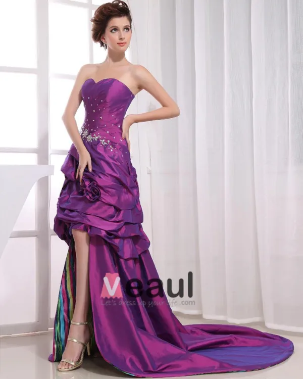 Asymmetrisk Lengde Ermelos Kjaereste Halsen Beading Plissert Taffeta Kvinne Hoy Lav Ballkjoler