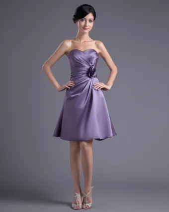 Fashion Satin Pleated Flower Sweetheart Knee Length Bridesmaid Dress