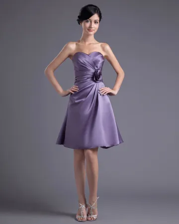Fashion Satin Pleated Flower Sweetheart Knee Length Bridesmaid Dress