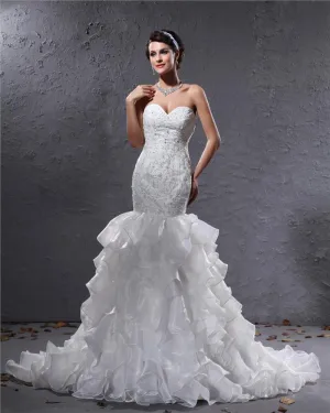 Fils Satin Fleurs En Dentelle Perles De Train Cathedrale Cherie Robe De Mariée Sirène