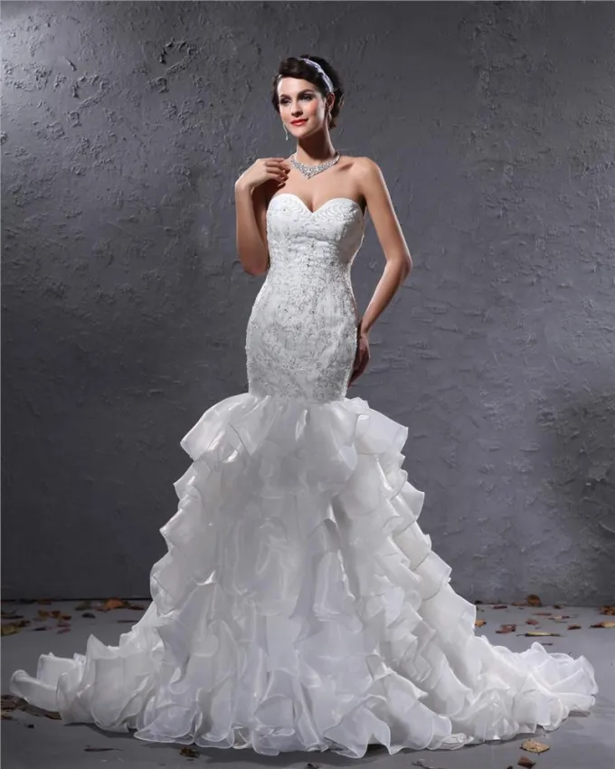 Garn Satin Blonder Blomster Beading Kjaereste Katedralen Tog Havfrue Brudekjoler Bryllupskjoler