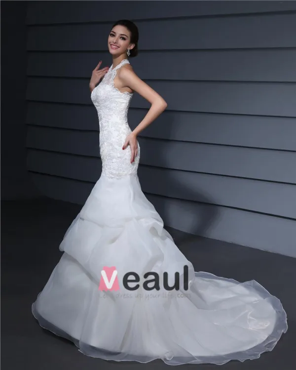 Halter Embroidery Ruffle Floor Length Satin Woman Mermaid Wedding Dress