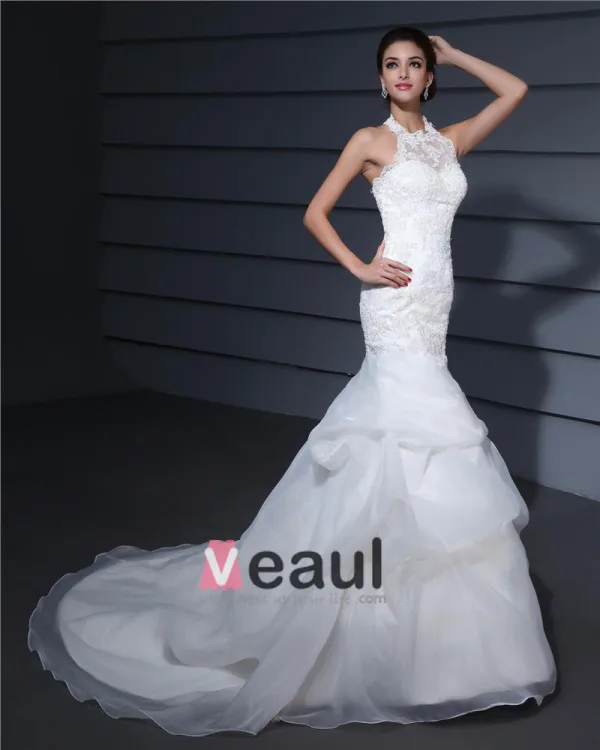 Halter Embroidery Ruffle Floor Length Satin Woman Mermaid Wedding Dress